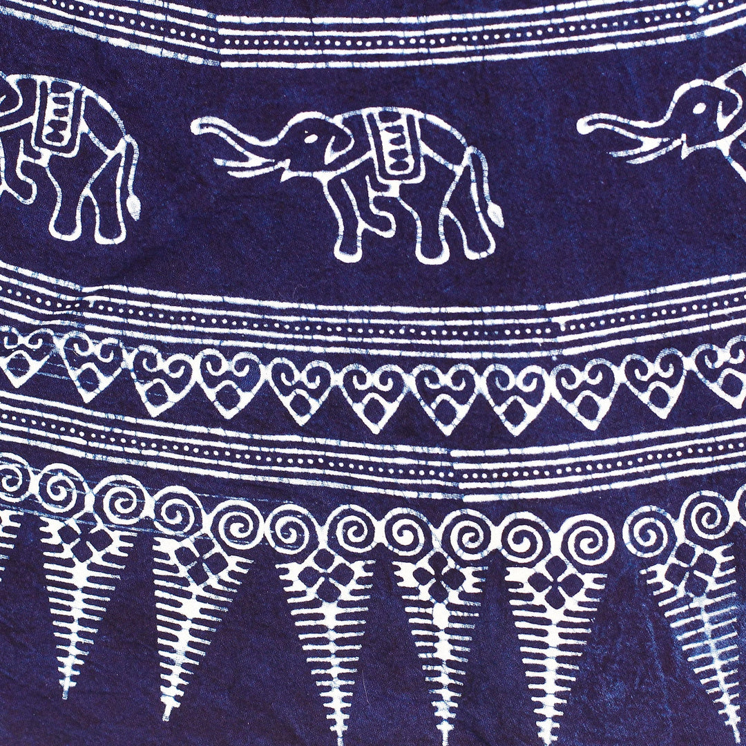 Blue Round Cotton Tablecloth with Batik Elephant Motifs - Little Sages