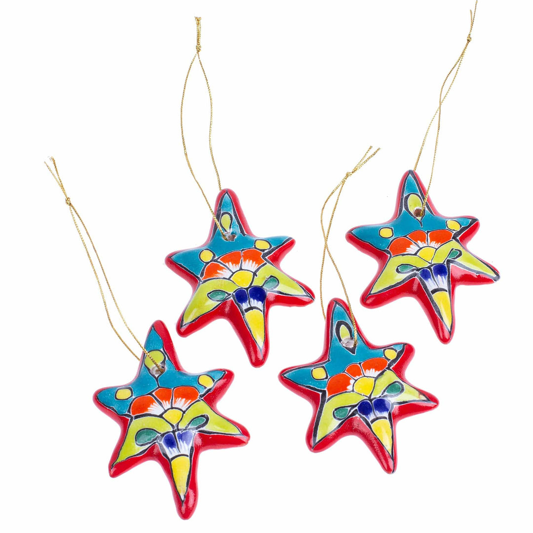 Set of 4 Handcrafted Ceramic Talavera Star Ornaments in Red - Floral Sunrise