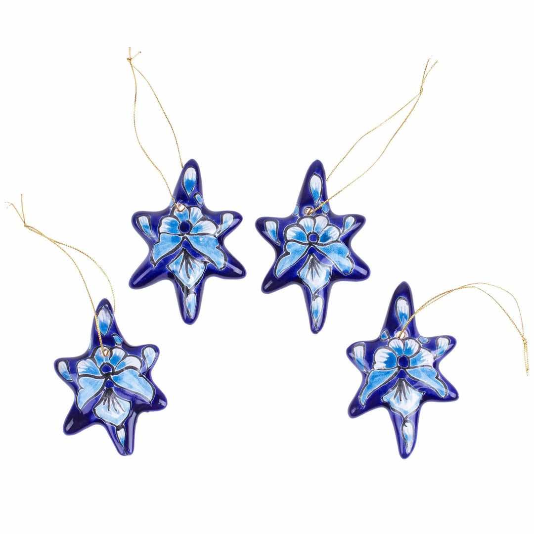 Set of 4 Handcrafted Ceramic Talavera Star Ornaments in Blue - Floral Twilight