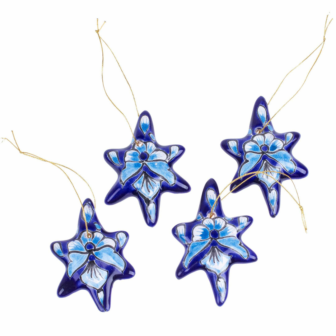 Set of 4 Handcrafted Ceramic Talavera Star Ornaments in Blue - Floral Twilight