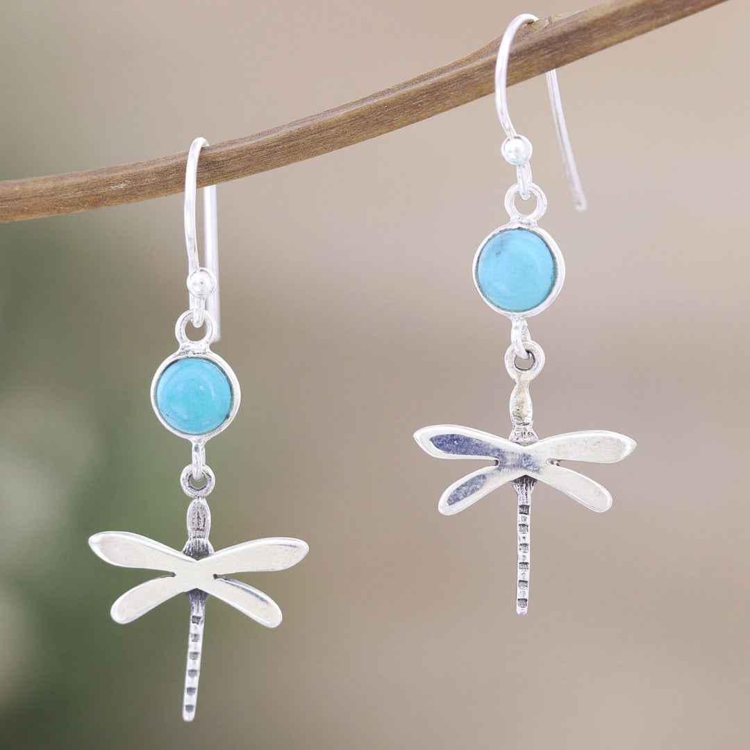 Reconstituted Turquoise and Silver Dragonfly Dangle Earrings - Dragonfly Fantasy in Blue