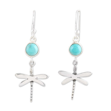 Reconstituted Turquoise and Silver Dragonfly Dangle Earrings - Dragonfly Fantasy in Blue