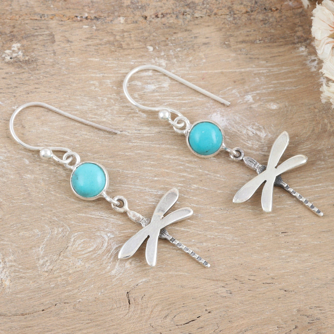 Reconstituted Turquoise and Silver Dragonfly Dangle Earrings - Dragonfly Fantasy in Blue