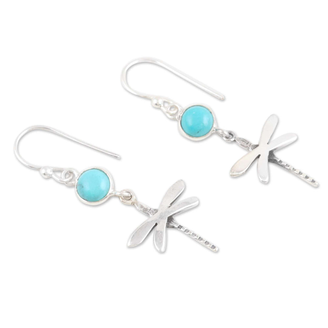 Reconstituted Turquoise and Silver Dragonfly Dangle Earrings - Dragonfly Fantasy in Blue