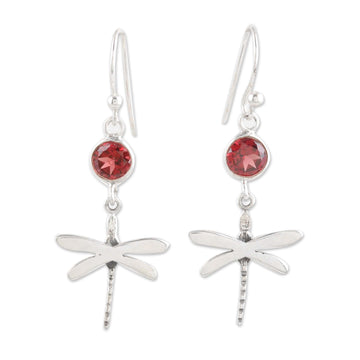 Garnet and Sterling Silver Dangle Earrings of Dragonflies - Dragonfly Fantasy in Red