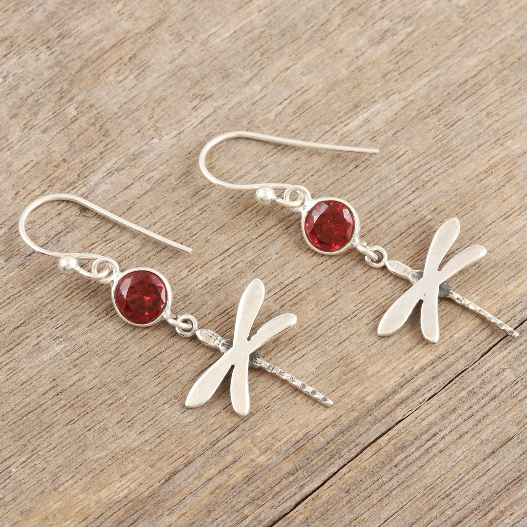 Garnet and Sterling Silver Dangle Earrings of Dragonflies - Dragonfly Fantasy in Red
