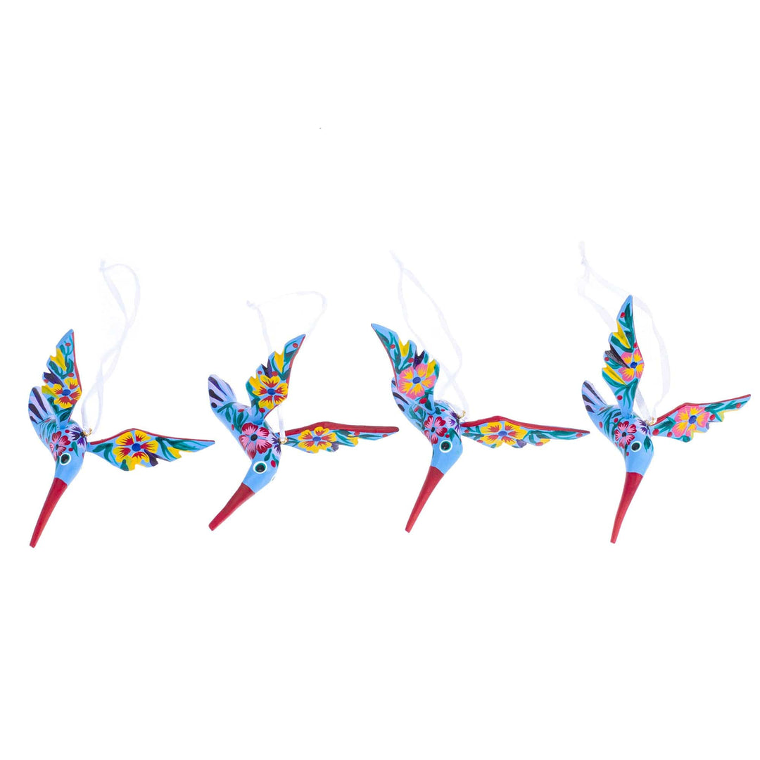 Set of 4 Handcrafted Copal Wood Bird Ornaments in Cerulean - Cerulean Flutter