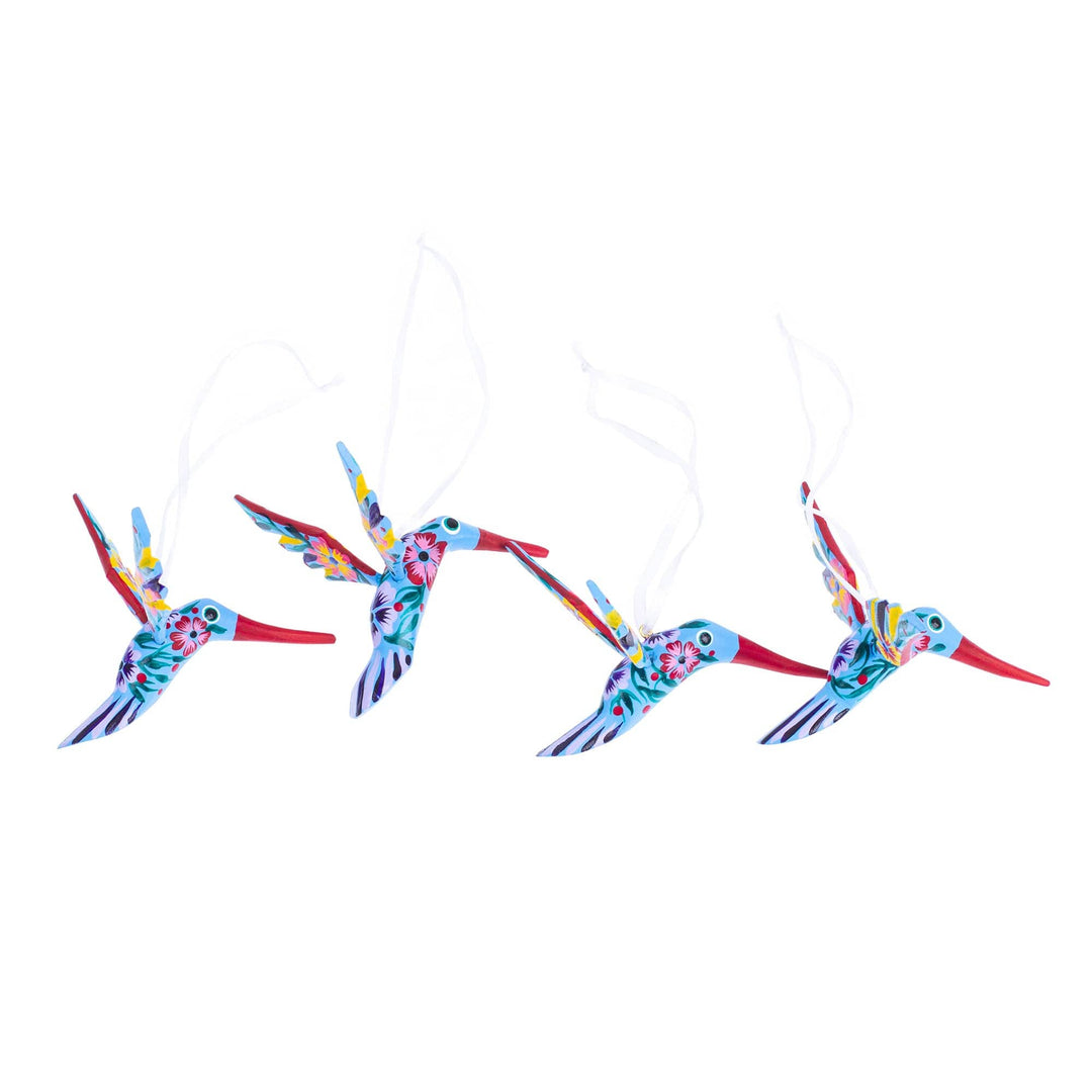 Set of 4 Handcrafted Copal Wood Bird Ornaments in Cerulean - Cerulean Flutter