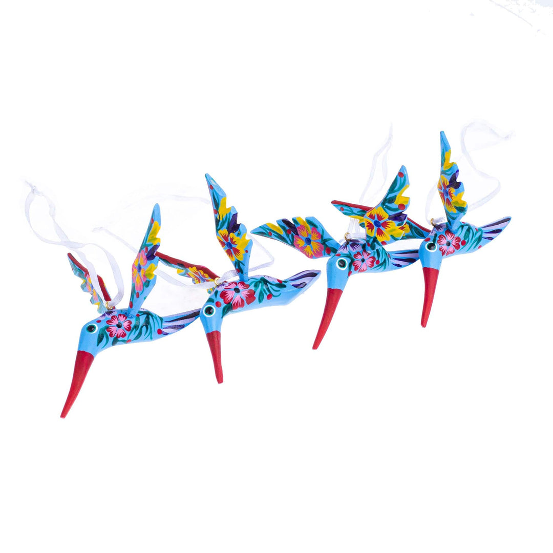 Set of 4 Handcrafted Copal Wood Bird Ornaments in Cerulean - Cerulean Flutter