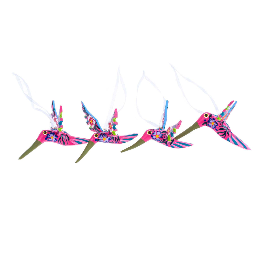 Set of 4 Handcrafted Copal Wood Bird Ornaments in Carmine - Carmine Flutter