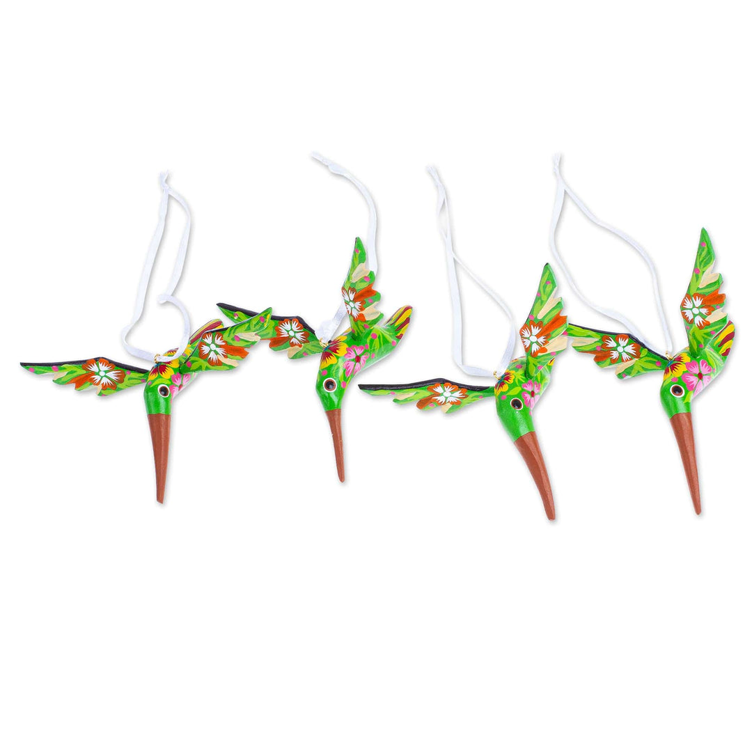 Set of 4 Handcrafted Copal Wood Bird Ornaments in Kiwi - Kiwi Flutter
