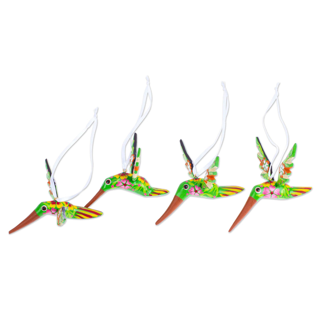 Set of 4 Handcrafted Copal Wood Bird Ornaments in Kiwi - Kiwi Flutter