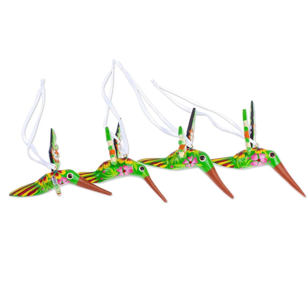 Set of 4 Handcrafted Copal Wood Bird Ornaments in Kiwi - Kiwi Flutter