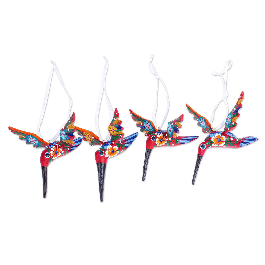 Set of 4 Handcrafted Copal Wood Bird Ornaments in Vermilion - Vermilion Flutter