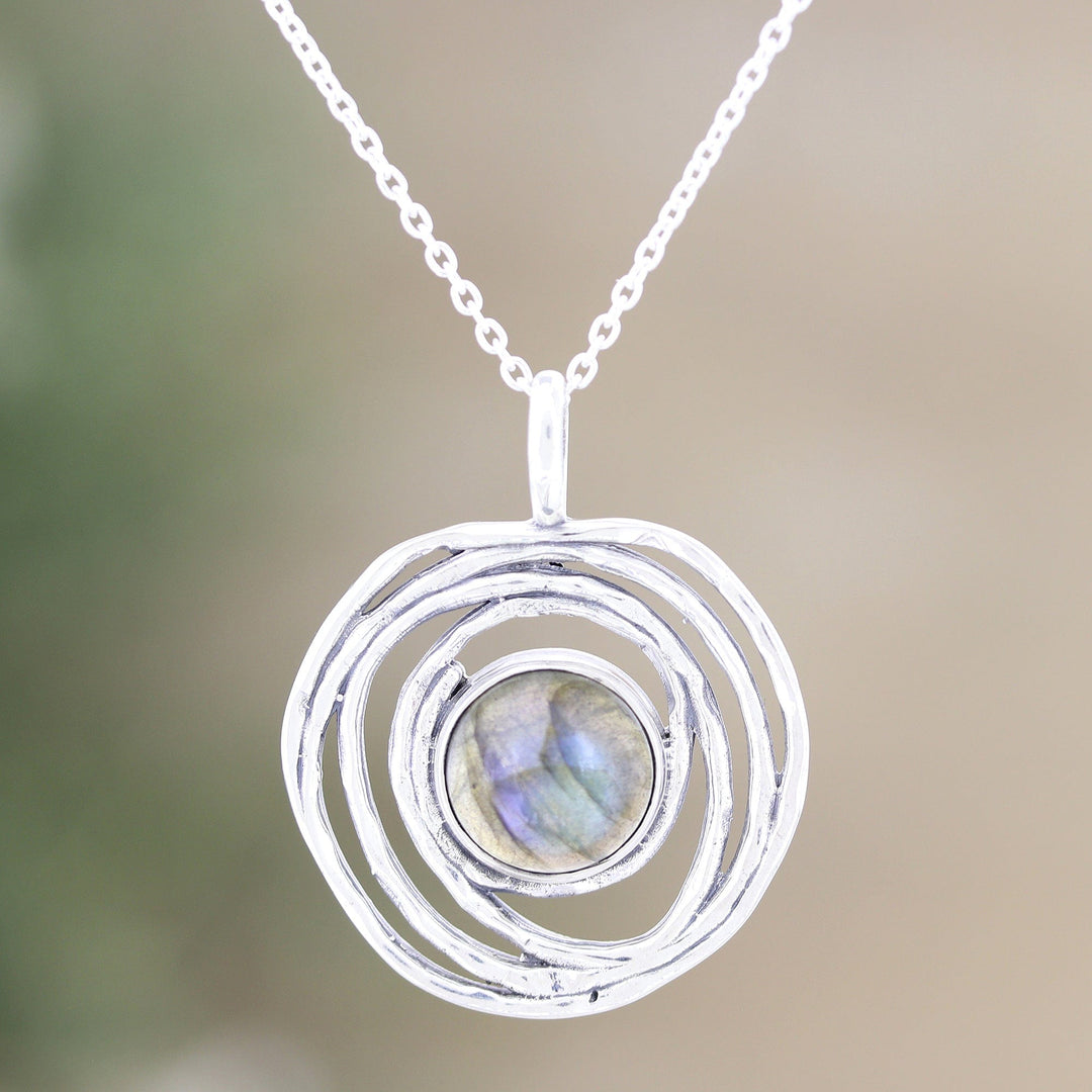 Sterling Silver Pendant Necklace with Natural Labradorite - Modern Shield
