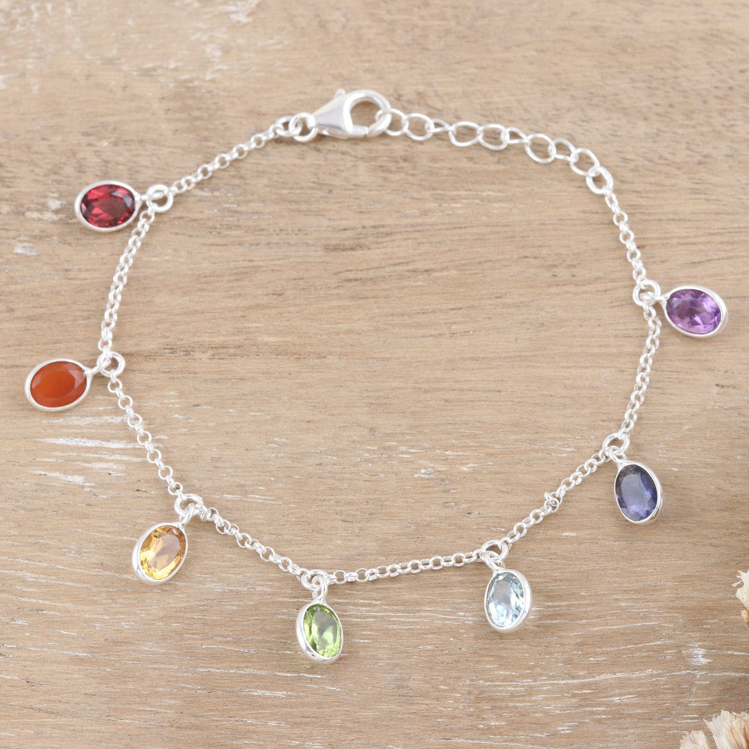 Sterling Silver Charm Bracelet with Faceted Gemstones - Sweet Rainbow Souls