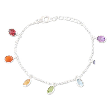 Sterling Silver Charm Bracelet with Faceted Gemstones - Sweet Rainbow Souls