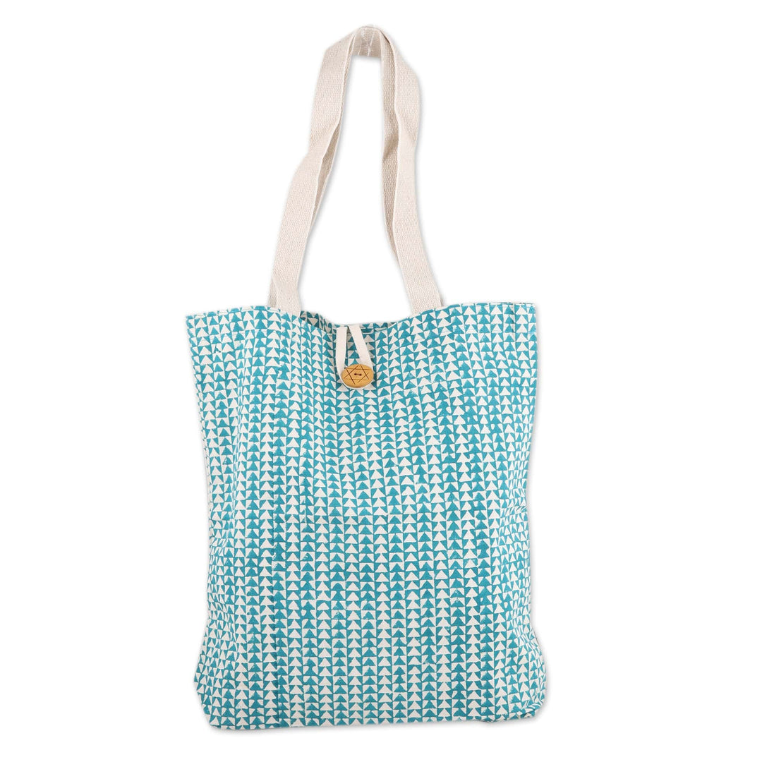 Teal Cotton Tote Bag with Hand-Blocked Printed Triangles - Triangle Harmony