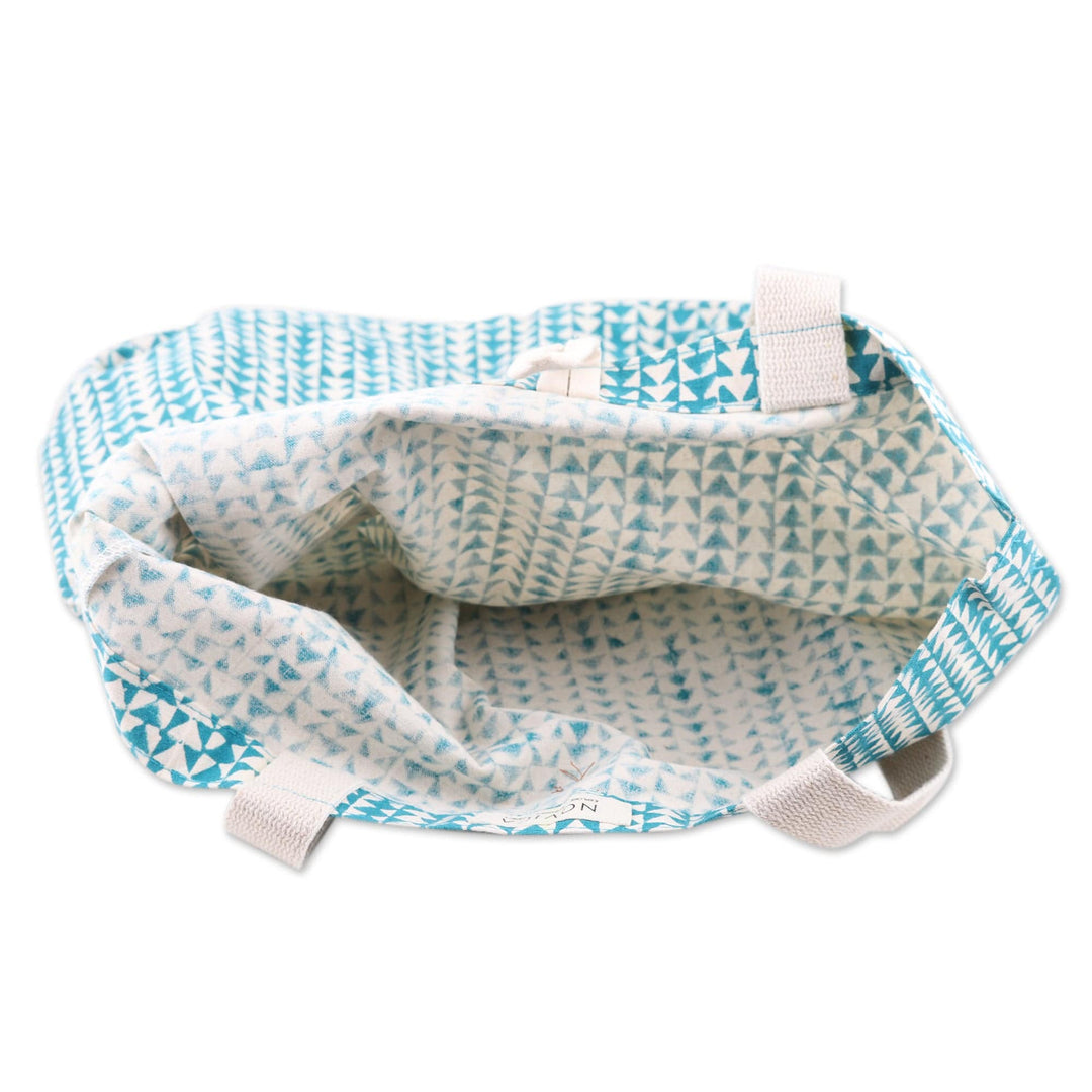 Teal Cotton Tote Bag with Hand-Blocked Printed Triangles - Triangle Harmony