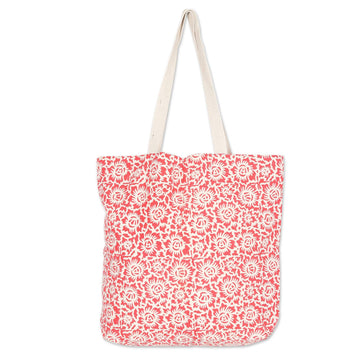 Strawberry Cotton Tote Bag with Floral Block-Printed Design - Strawberry Fever