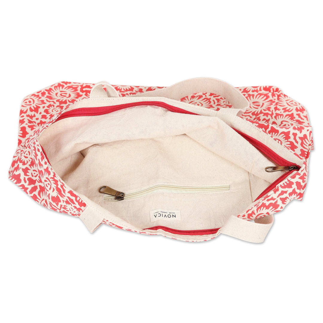 Strawberry Cotton Tote Bag with Floral Block-Printed Design - Strawberry Fever