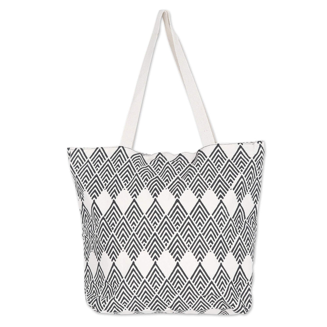 Hand-Block Printed Cotton Tote Bag with Black Diamonds - Black Rhombus