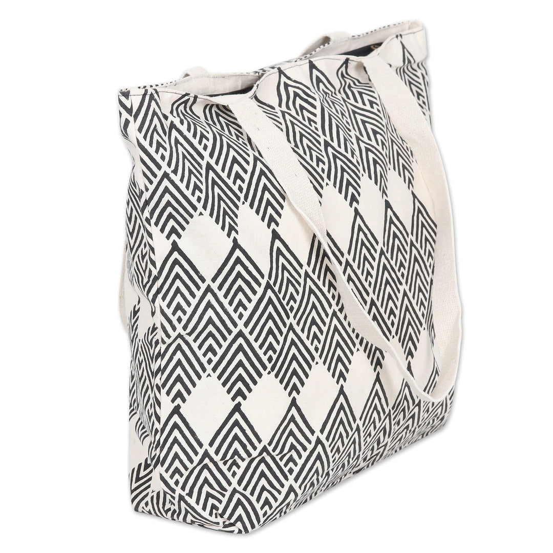 Hand-Block Printed Cotton Tote Bag with Black Diamonds - Black Rhombus