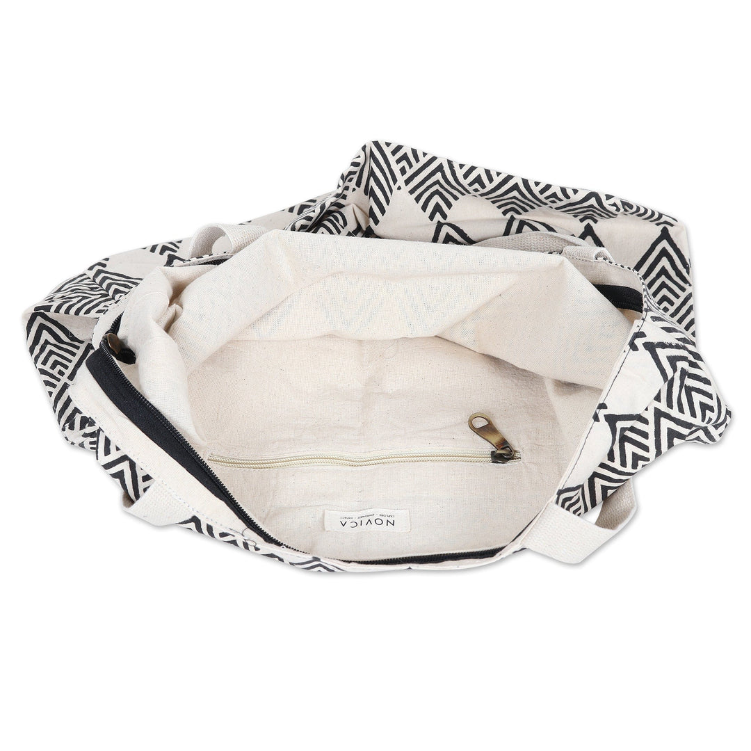 Hand-Block Printed Cotton Tote Bag with Black Diamonds - Black Rhombus