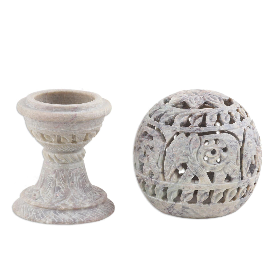 Natural Soapstone Jali Tealight Holder Handcrafted in India - Serene Royalty