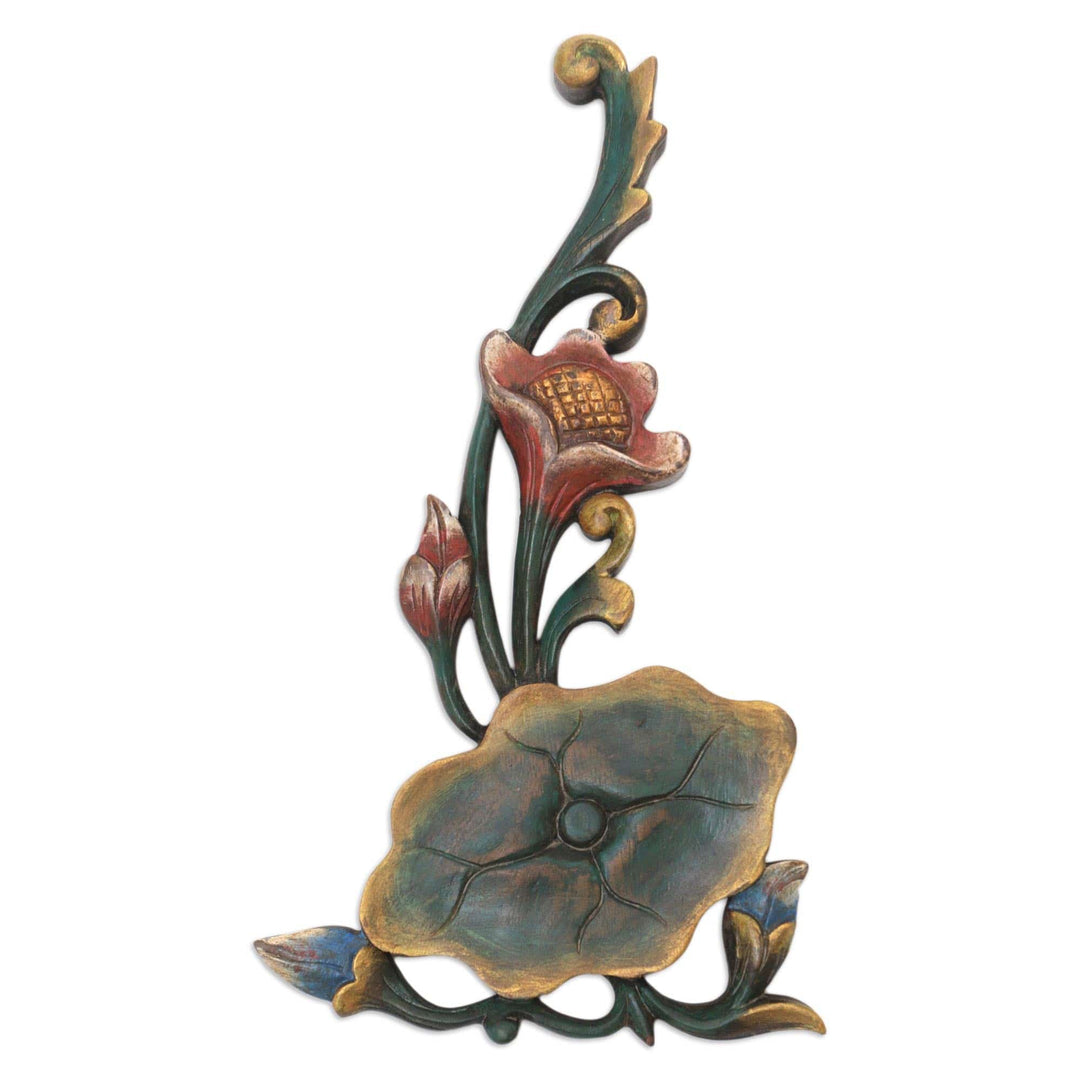 Balinese Hand-Carved Wood Relief Panel of Flower and Leaves - Floral Garden