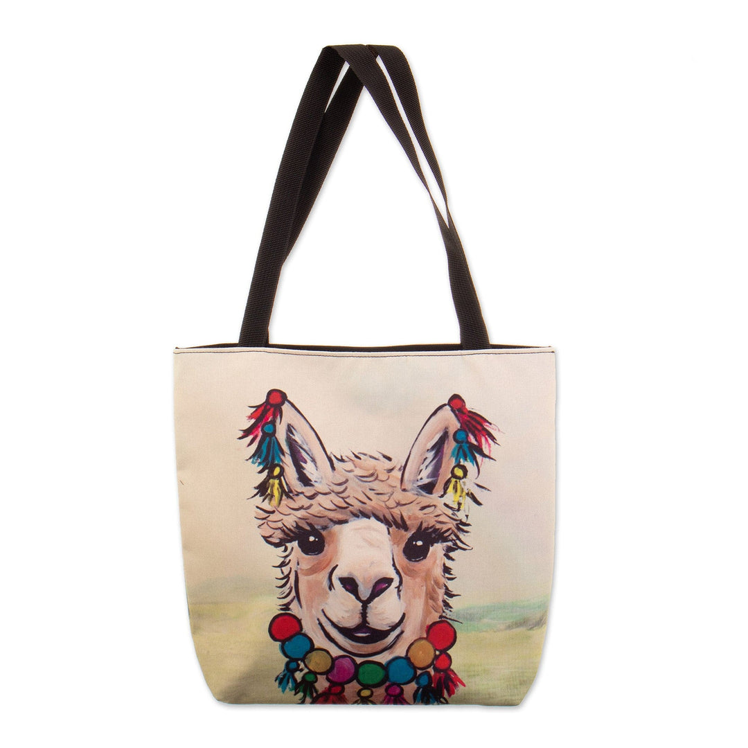 Printed Llama Tote Bag with Zipper Closure and Black Straps - Smiley Llama