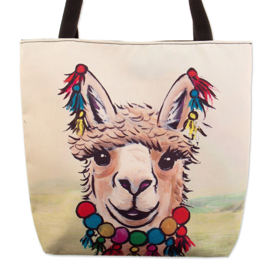 Printed Llama Tote Bag with Zipper Closure and Black Straps - Smiley Llama