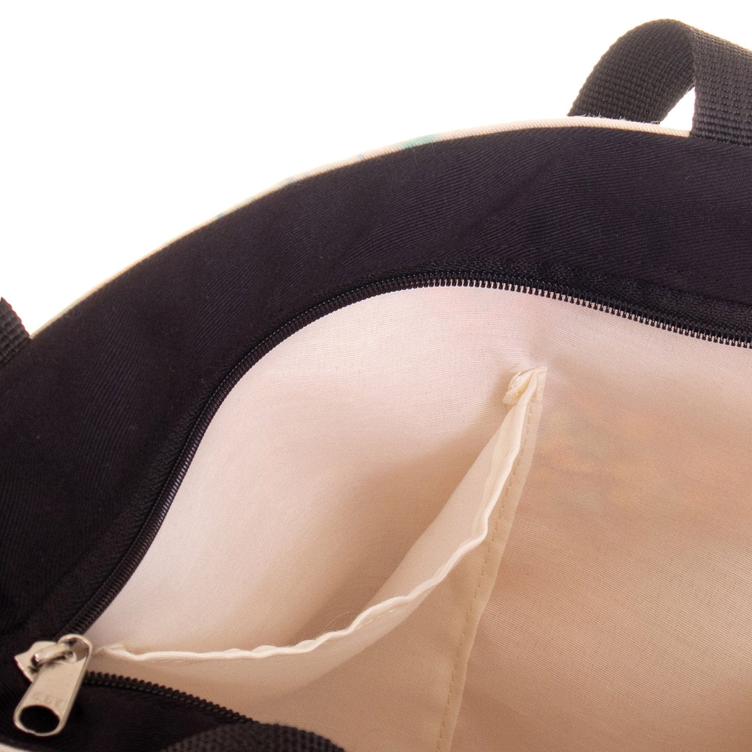 Printed Llama Tote Bag with Zipper Closure and Black Straps - Smiley Llama