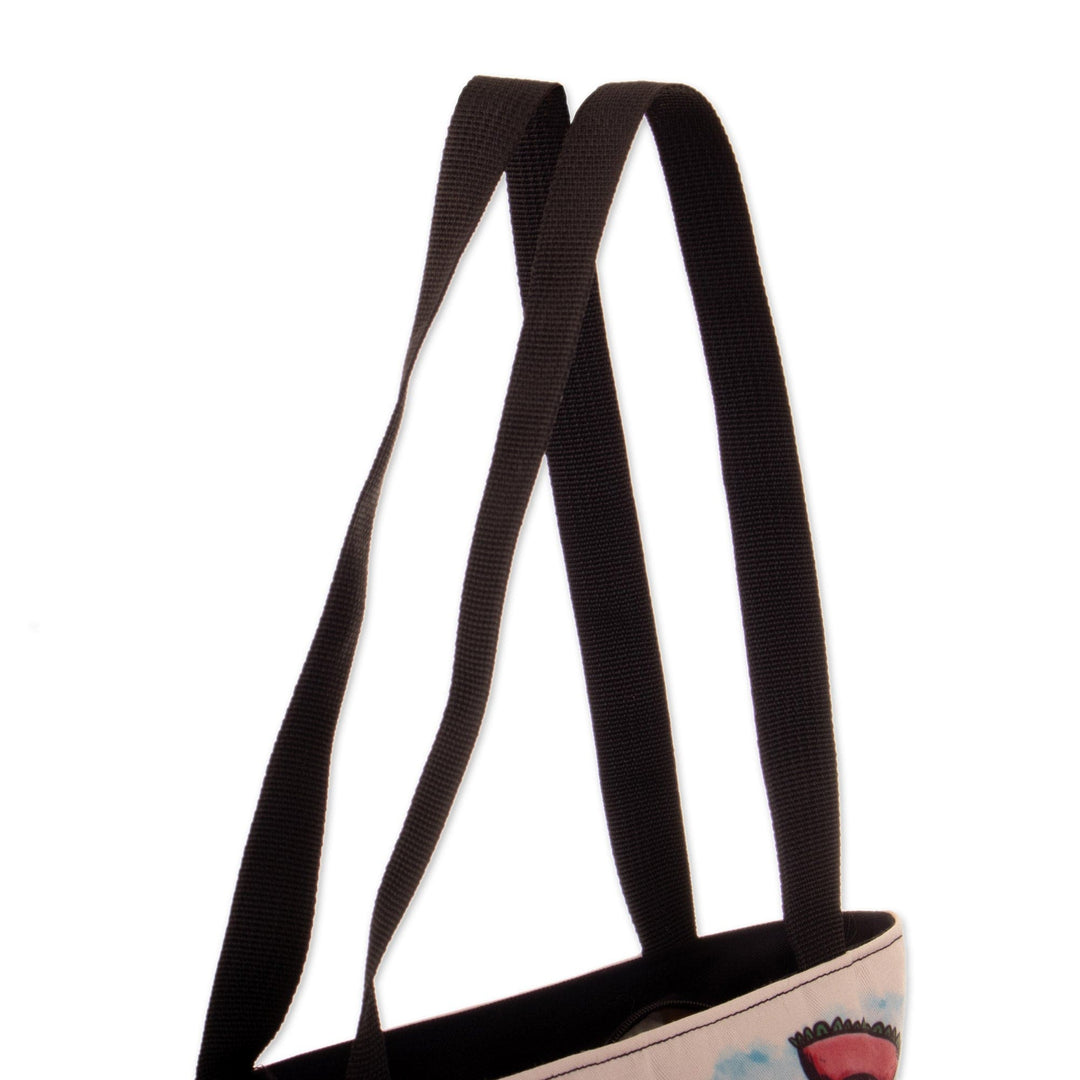 Printed Llama Tote Bag with Zipper Closure and Black Straps - Smiley Llama