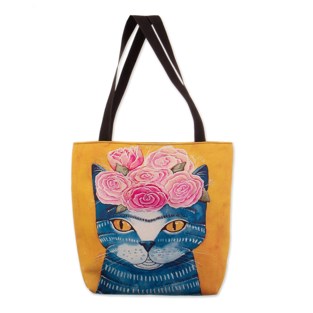 Tote Bag with Zipper and Cat with Rose Crown Print - Feline Passion