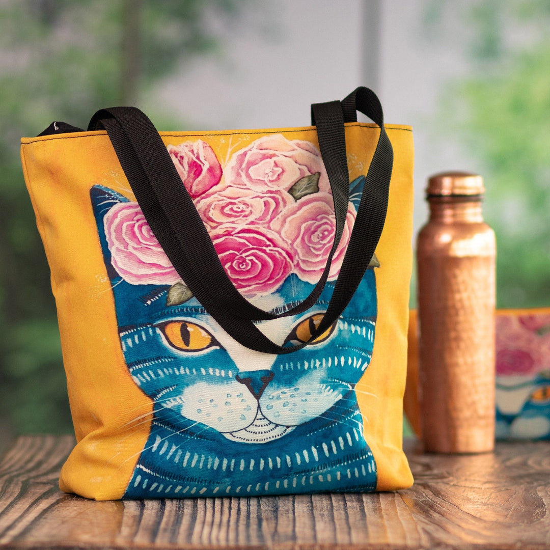 Tote Bag with Zipper and Cat with Rose Crown Print - Feline Passion