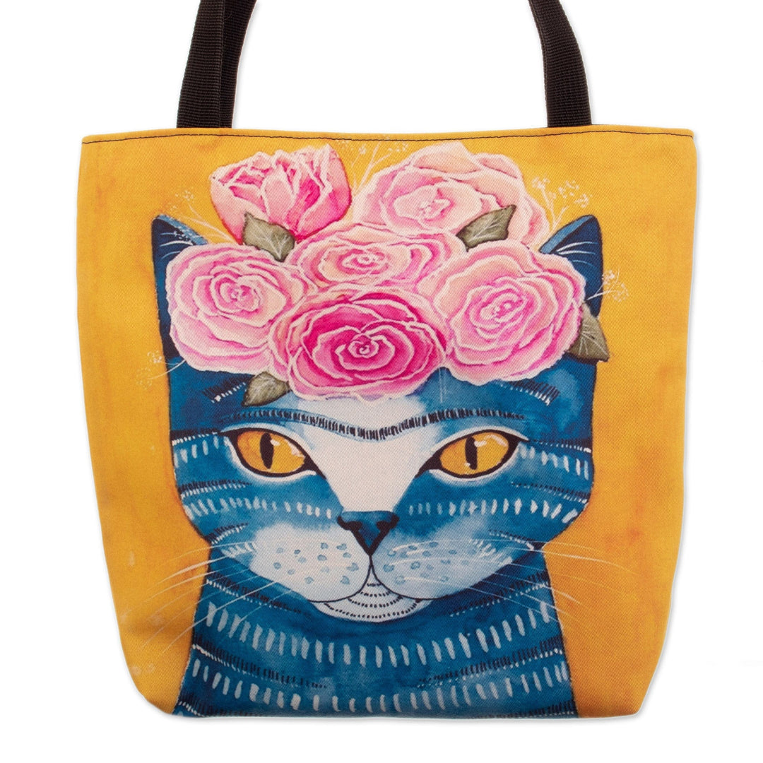 Tote Bag with Zipper and Cat with Rose Crown Print - Feline Passion