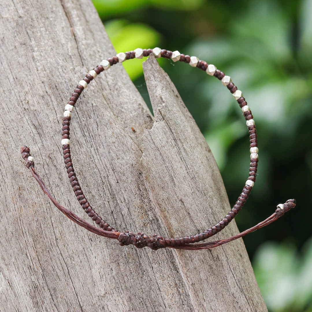 Handcrafted Brown Adjustable Bracelet with Silver Beads - Youthful Geometry