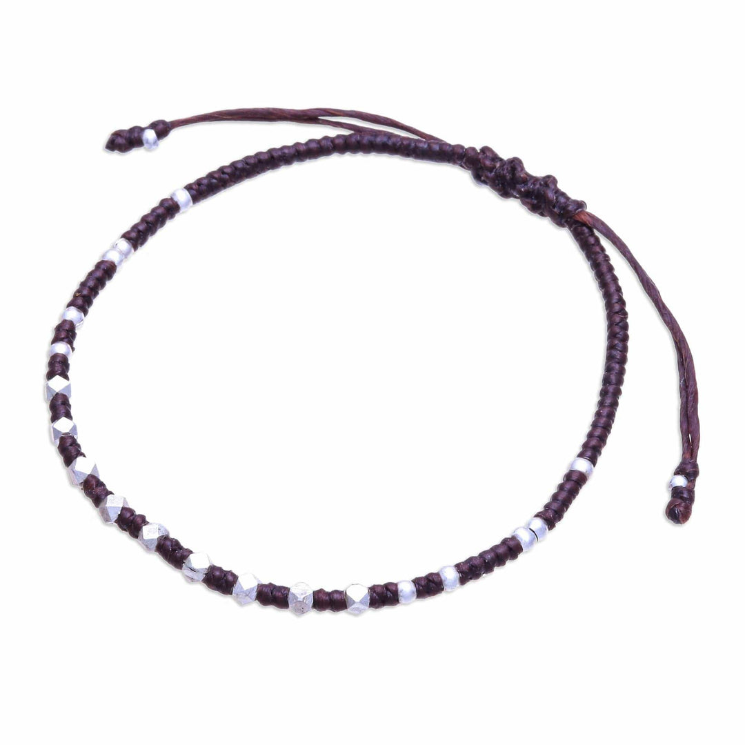 Handcrafted Brown Adjustable Bracelet with Silver Beads - Youthful Geometry
