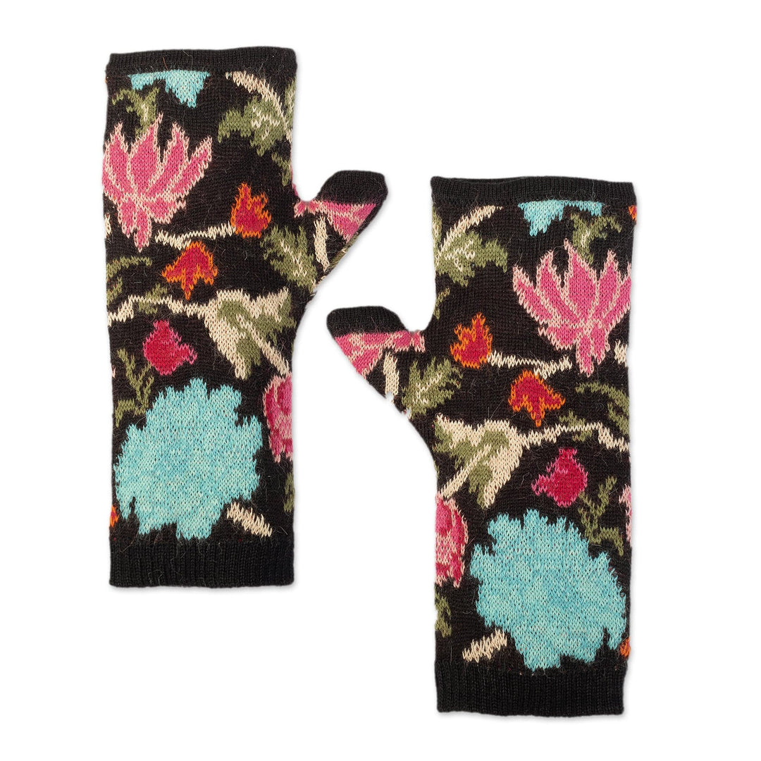 Baby Alpaca Fingerless Mitts with Floral Motifs - Ebony Baroque