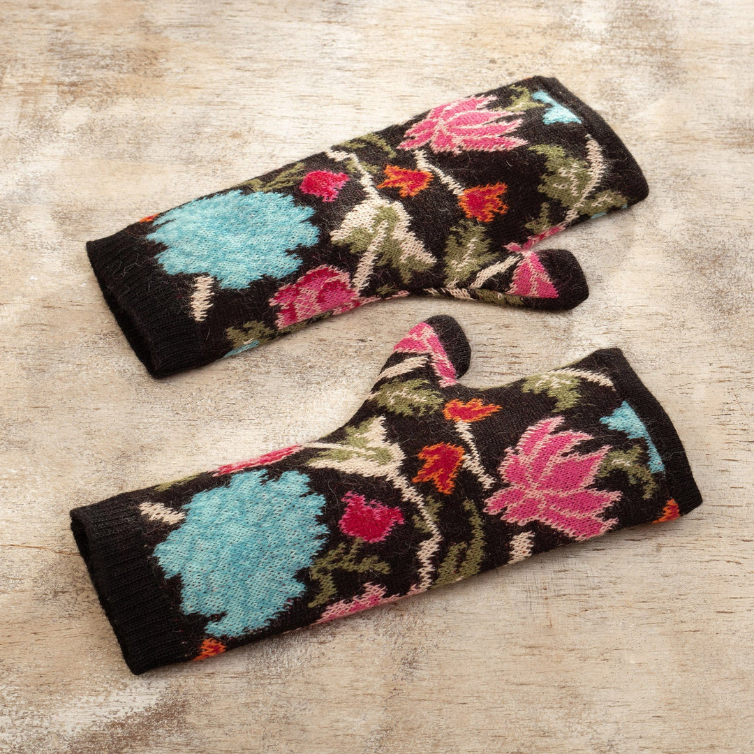 Baby Alpaca Fingerless Mitts with Floral Motifs - Ebony Baroque