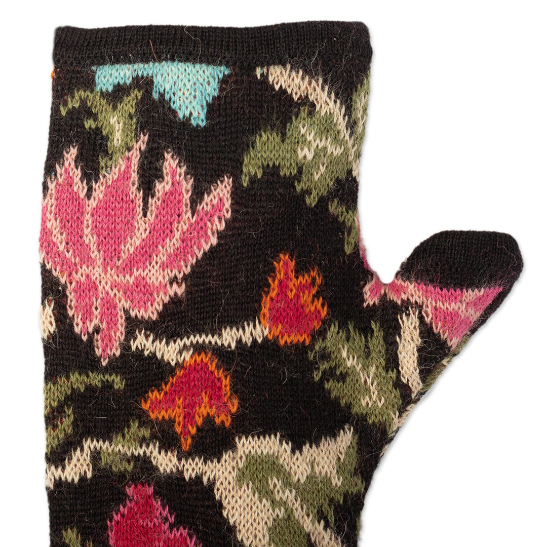 Baby Alpaca Fingerless Mitts with Floral Motifs - Ebony Baroque