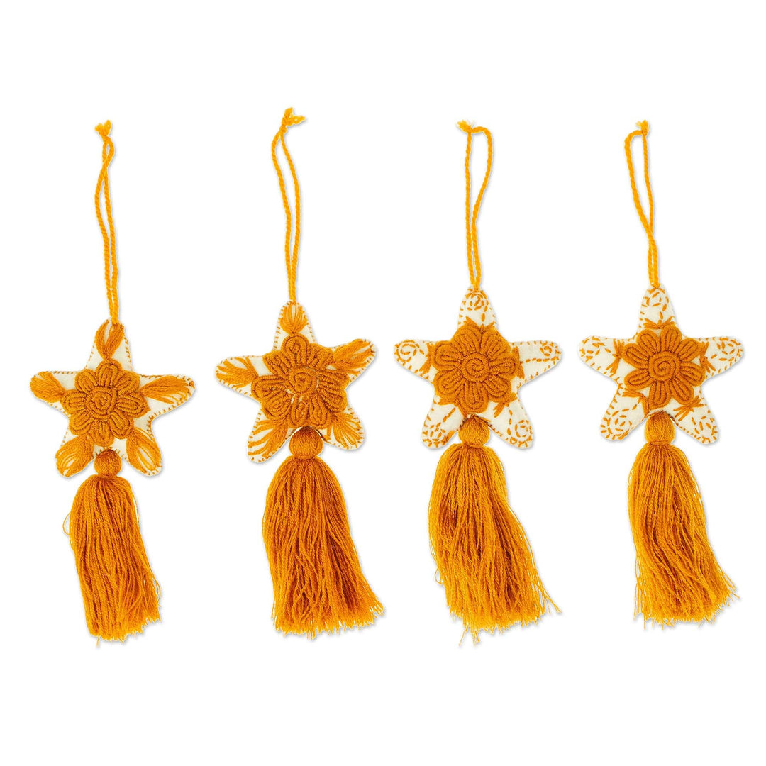 Set of 4 Handcrafted Cotton Star Ornaments in Ginger Hue - Ginger Constellation