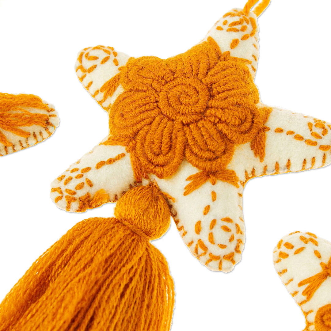 Set of 4 Handcrafted Cotton Star Ornaments in Ginger Hue - Ginger Constellation