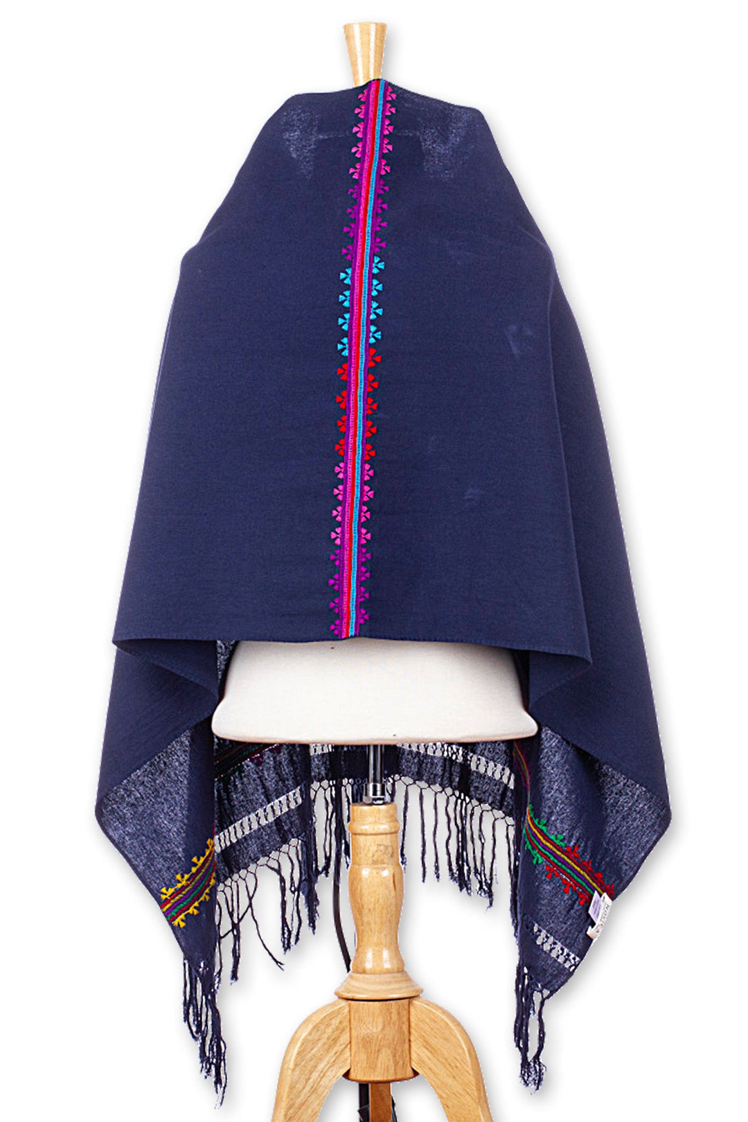 Traditional Cotton Shawl in Midnight with Embroidered Motifs - Midnight Heritage