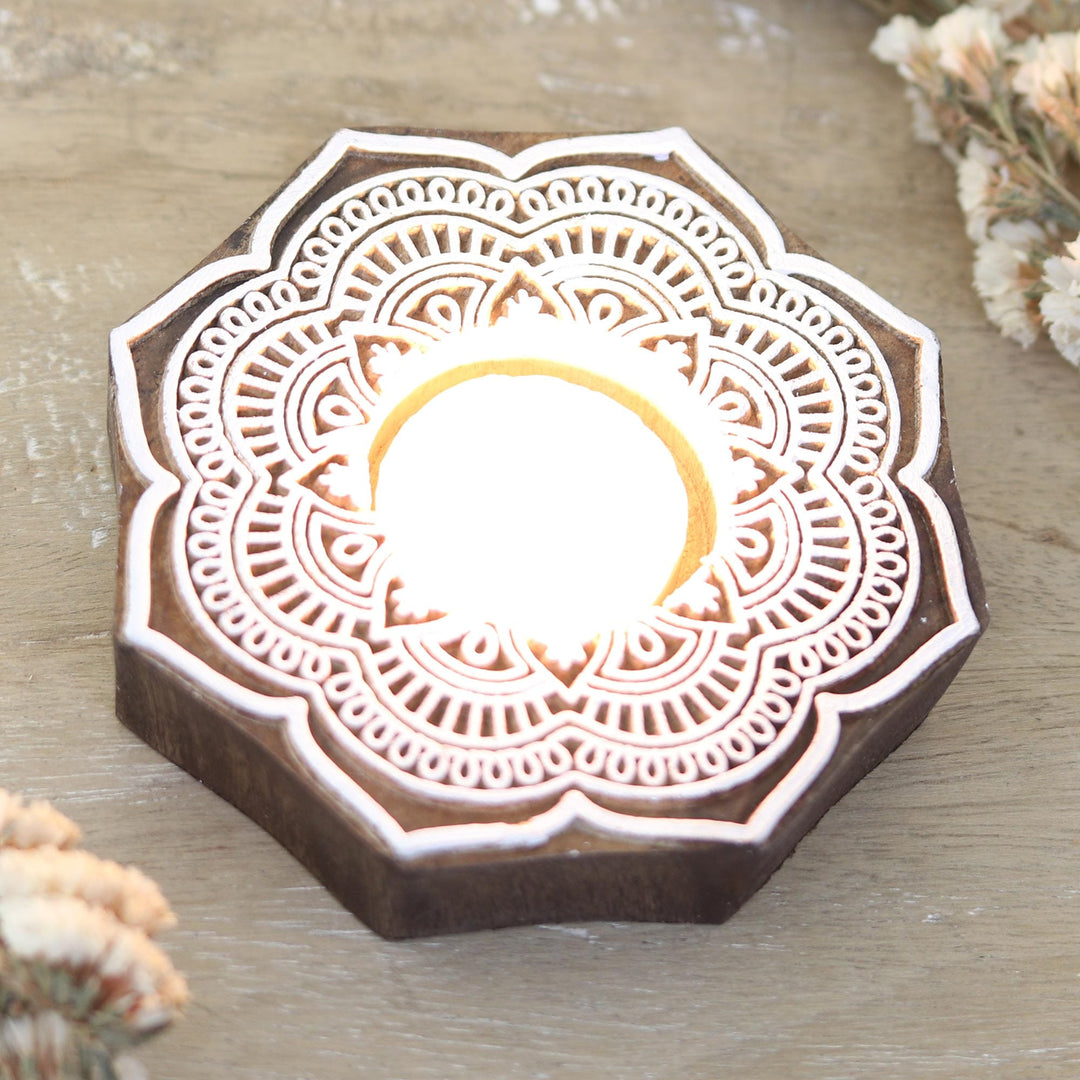 Wood Tealight Candle Holder with Lotus Floral Motif - Lotus Art
