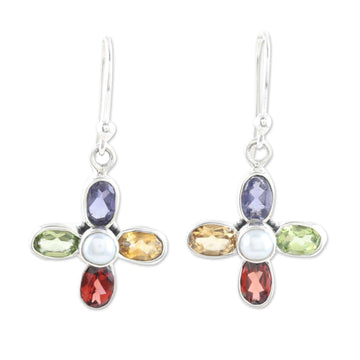 Sterling Silver Floral Dangle Earrings with Multiple Gems - Colorful Floral Dream