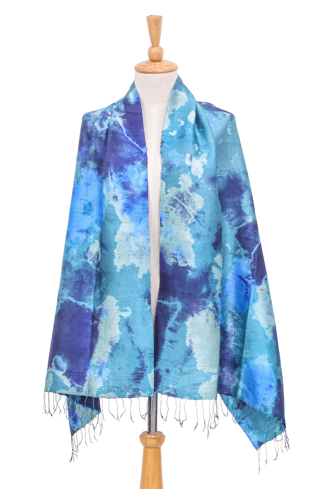 Dyed Blue Silk Shawl with Fringe Hand-Woven in Thailand - Magical Sky