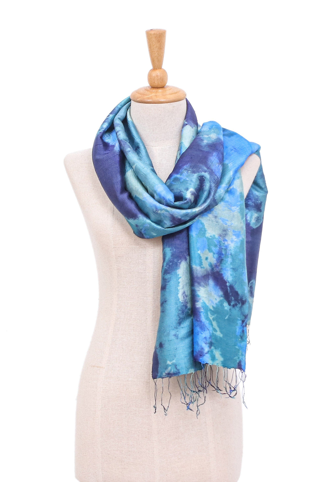 Dyed Blue Silk Shawl with Fringe Hand-Woven in Thailand - Magical Sky