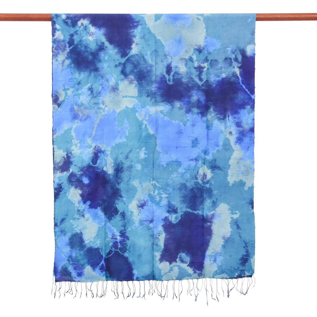 Dyed Blue Silk Shawl with Fringe Hand-Woven in Thailand - Magical Sky